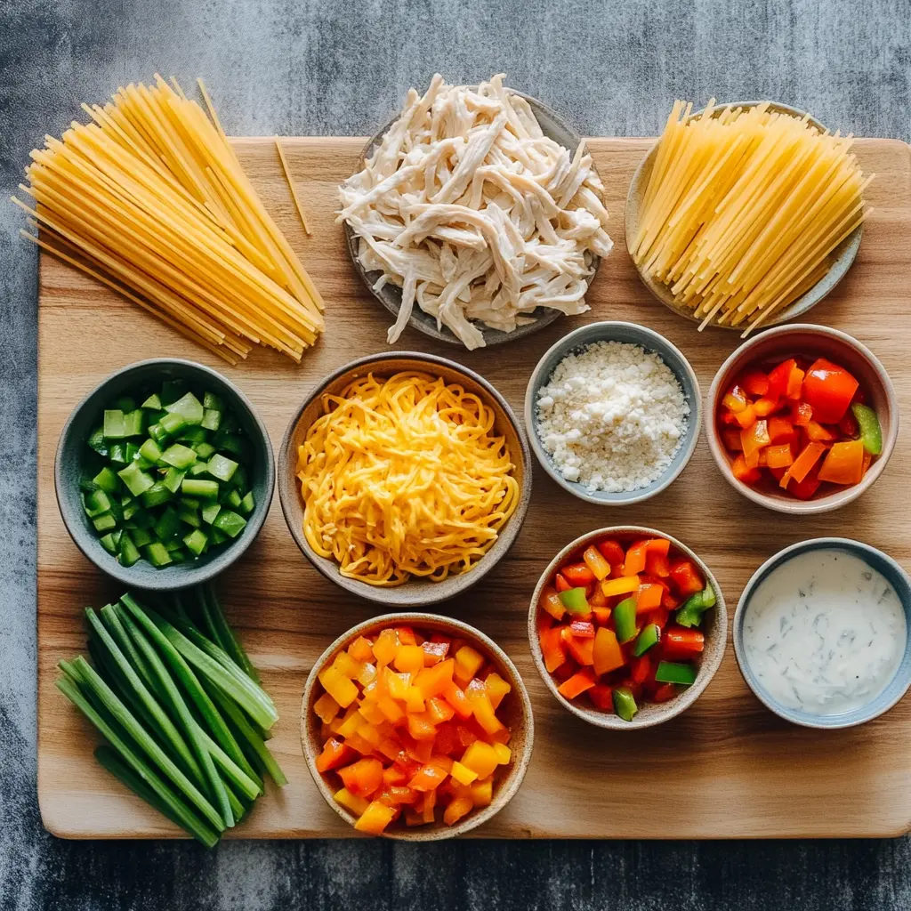 Spicy Southern Cheesy Chicken Spaghetti Casserole ingredients laid out, clean and organized
