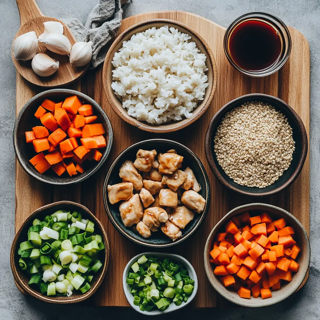 A vibrant Teriyaki Chicken Rice Bowl with tender chicken, fluffy rice, and fresh green onions and sesame seeds, highlighting the delicious ingredients.
