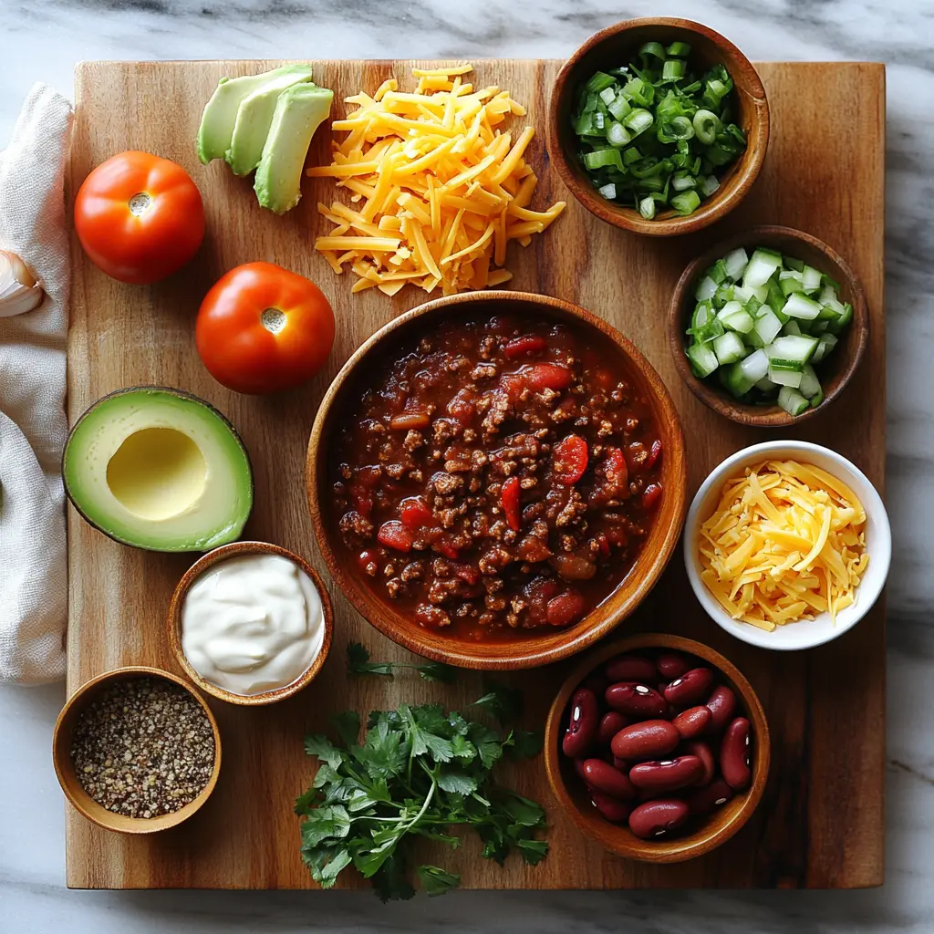 Arrangement of fresh ingredients for The Best Chili Recipe, including ground beef, beans, tomatoes, and spices