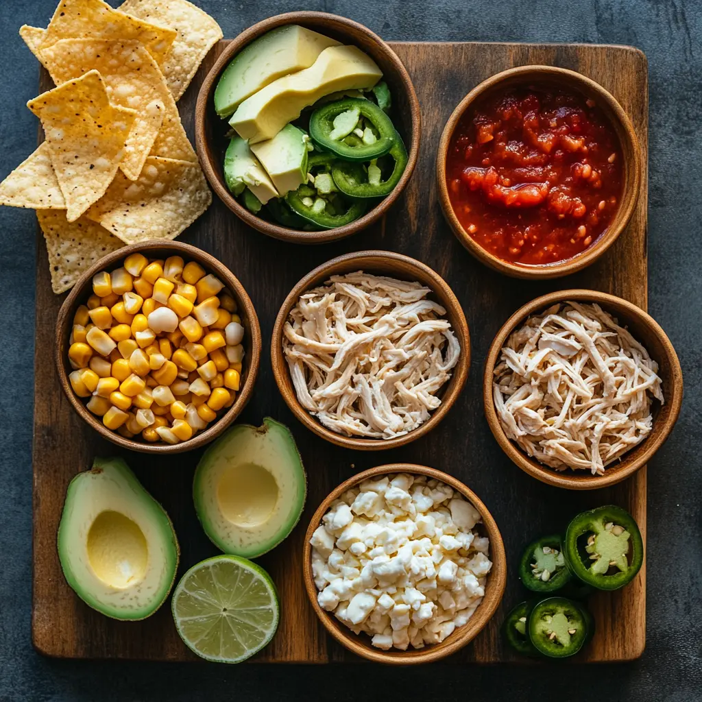 A collection of fresh ingredients for white chicken chili, including chicken breasts, white beans, green chilies, cream cheese, and spices.