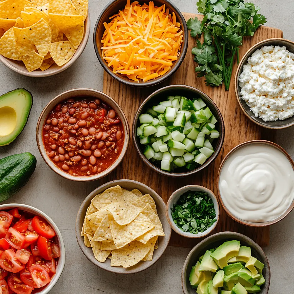 Essential ingredients for The Pioneer Woman Chili laid out, including ground beef, diced tomatoes, beans, onions, and spices.