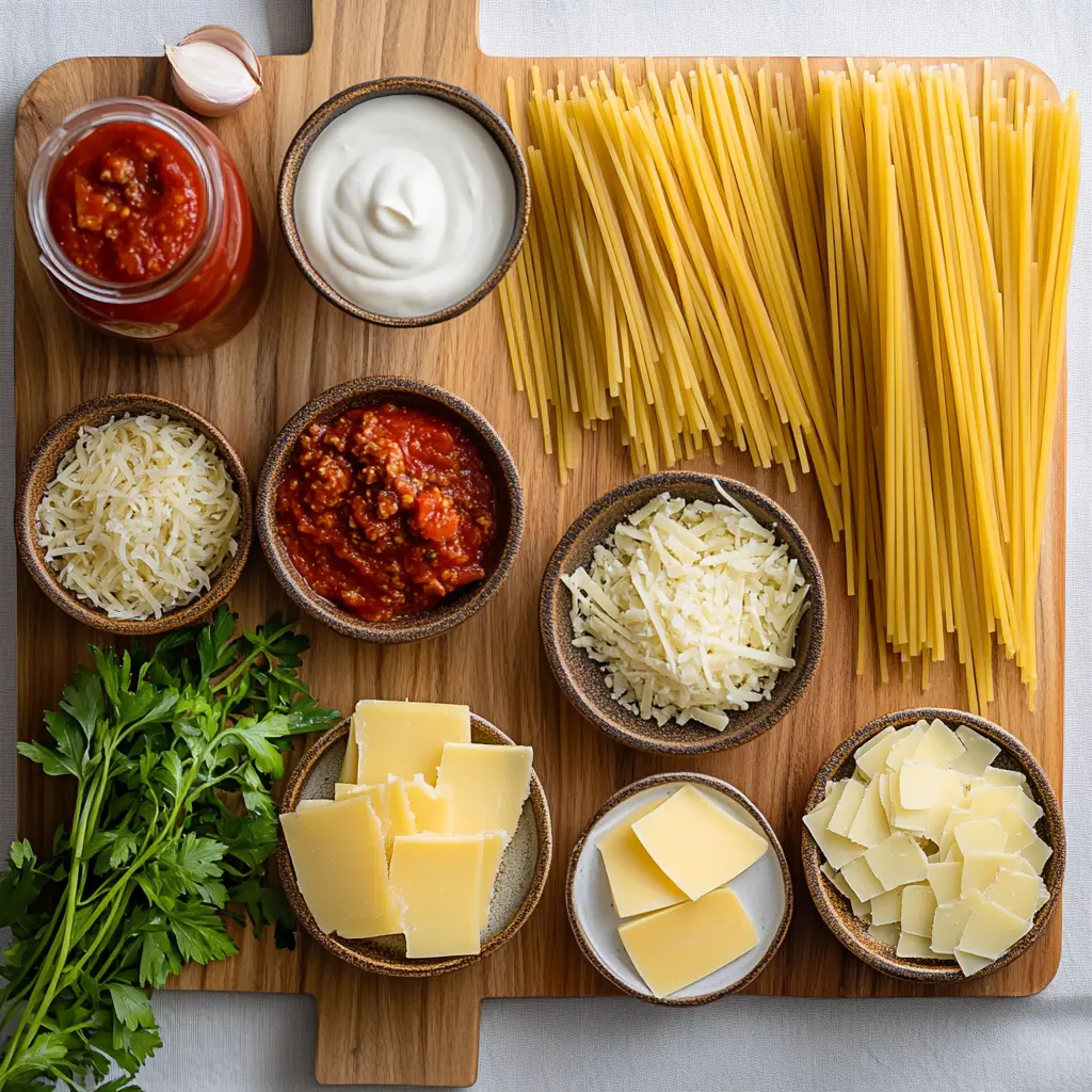 A close-up, top-down view of a baked TikTok Spaghetti casserole, showing golden-brown mozzarella cheese, rich red marinara, and creamy white Alfredo-coated spaghetti underneath, garnished with fresh parsley.