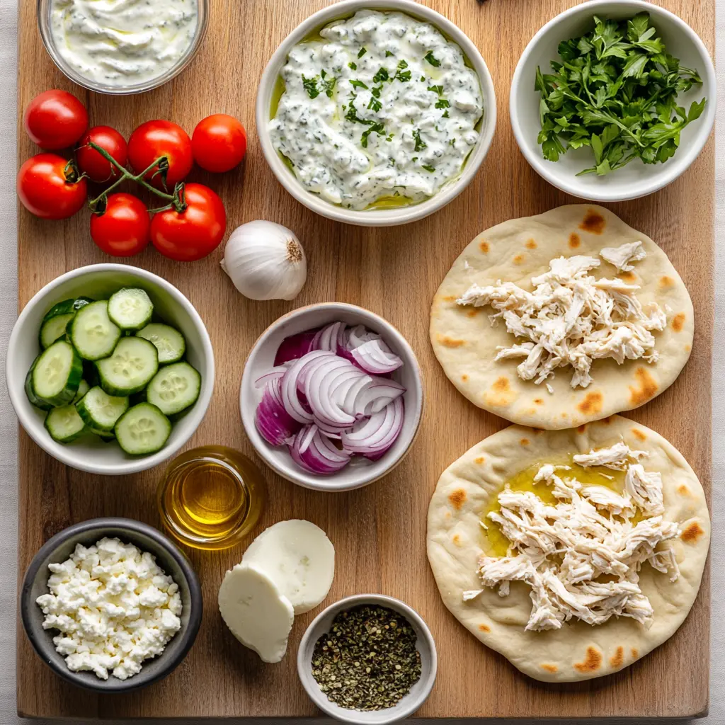 TZATZIKI CHICKEN PIZZA centered hero view, clean and uncluttered