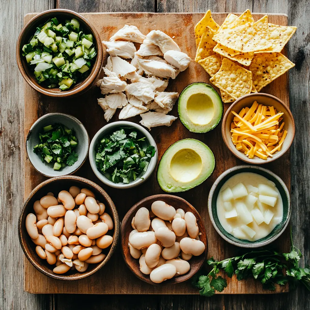 Arrangement of fresh ingredients for white bean chicken chili, including chicken breast, canned white beans, green chilies, onions, garlic, and spices.