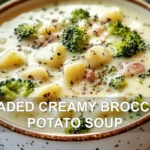 LOADED CREAMY BROCCOLI POTATO SOUP centered hero view, clean and uncluttered