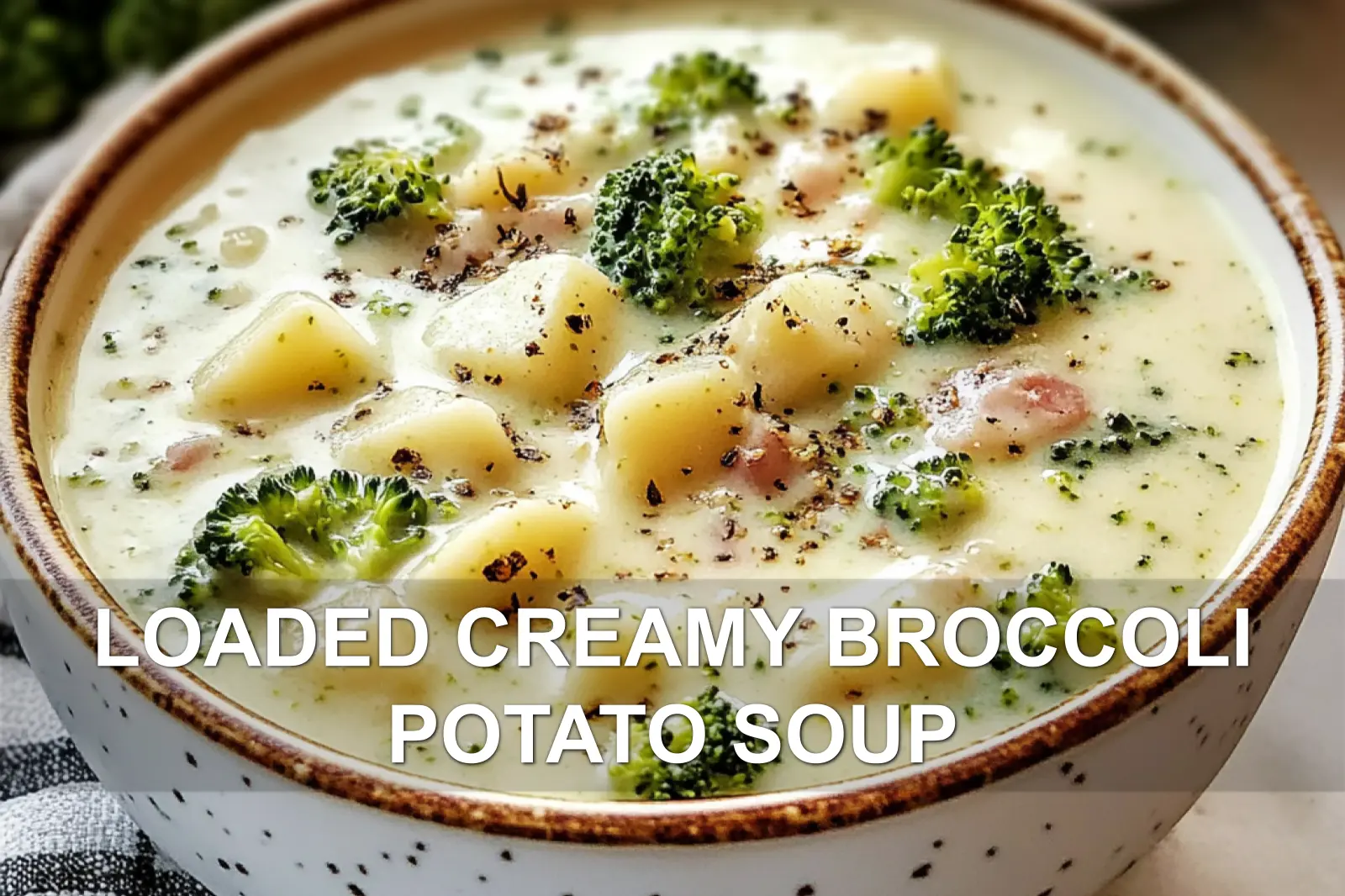 LOADED CREAMY BROCCOLI POTATO SOUP centered hero view, clean and uncluttered