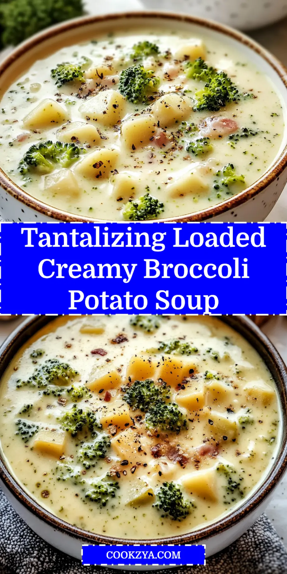 Overhead shot of a bowl of Loaded Creamy Broccoli Potato Soup with toppings, perfect for Pinterest sharing.