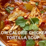 LOW CALORIE CHICKEN TORTILLA SOUP centered hero view, clean and uncluttered