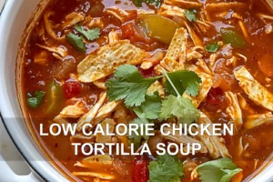 LOW CALORIE CHICKEN TORTILLA SOUP centered hero view, clean and uncluttered
