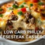 LOW CARB PHILLY CHEESESTEAK CASSEROLE centered hero view, clean and uncluttered