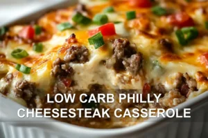 LOW CARB PHILLY CHEESESTEAK CASSEROLE centered hero view, clean and uncluttered