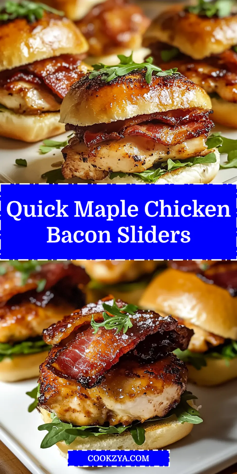 Pinterest graphic showing a top-down view of Maple Chicken Bacon Sliders with maple glaze and crispy bacon.