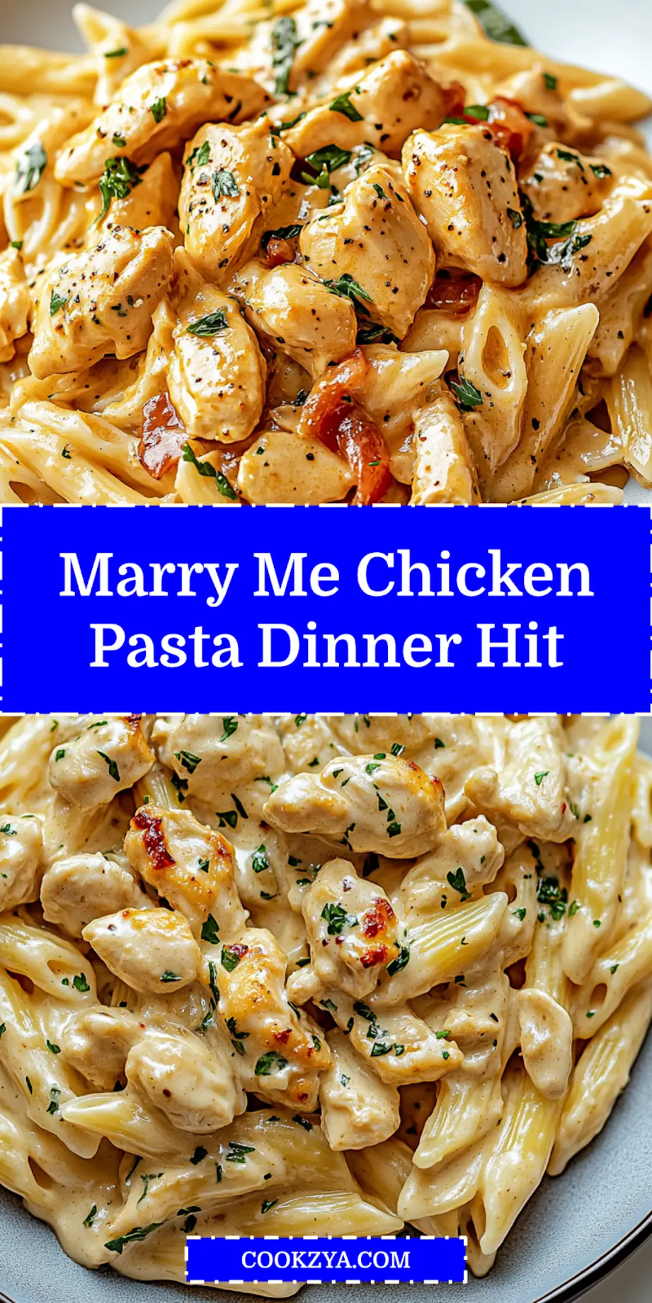 A delicious Marry Me Chicken Pasta dish, close-up, ready to serve in a bowl. Creamy fettuccine with golden chicken, sun-dried tomatoes, and fresh parsley garnish, perfect for pinning.