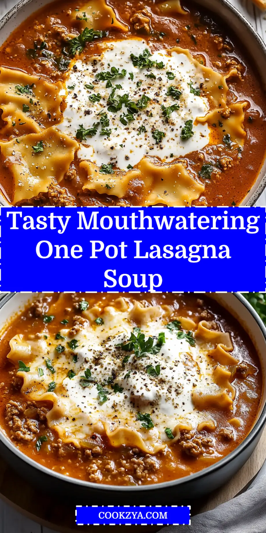 A close-up shot of a steaming bowl of MOUTHWATERING ONE POT LASAGNA SOUP, perfect for Pinterest, with cheesy melted goodness and broken noodles.