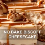 NO BAKE BISCOFF CHEESECAKE centered hero view, clean and uncluttered