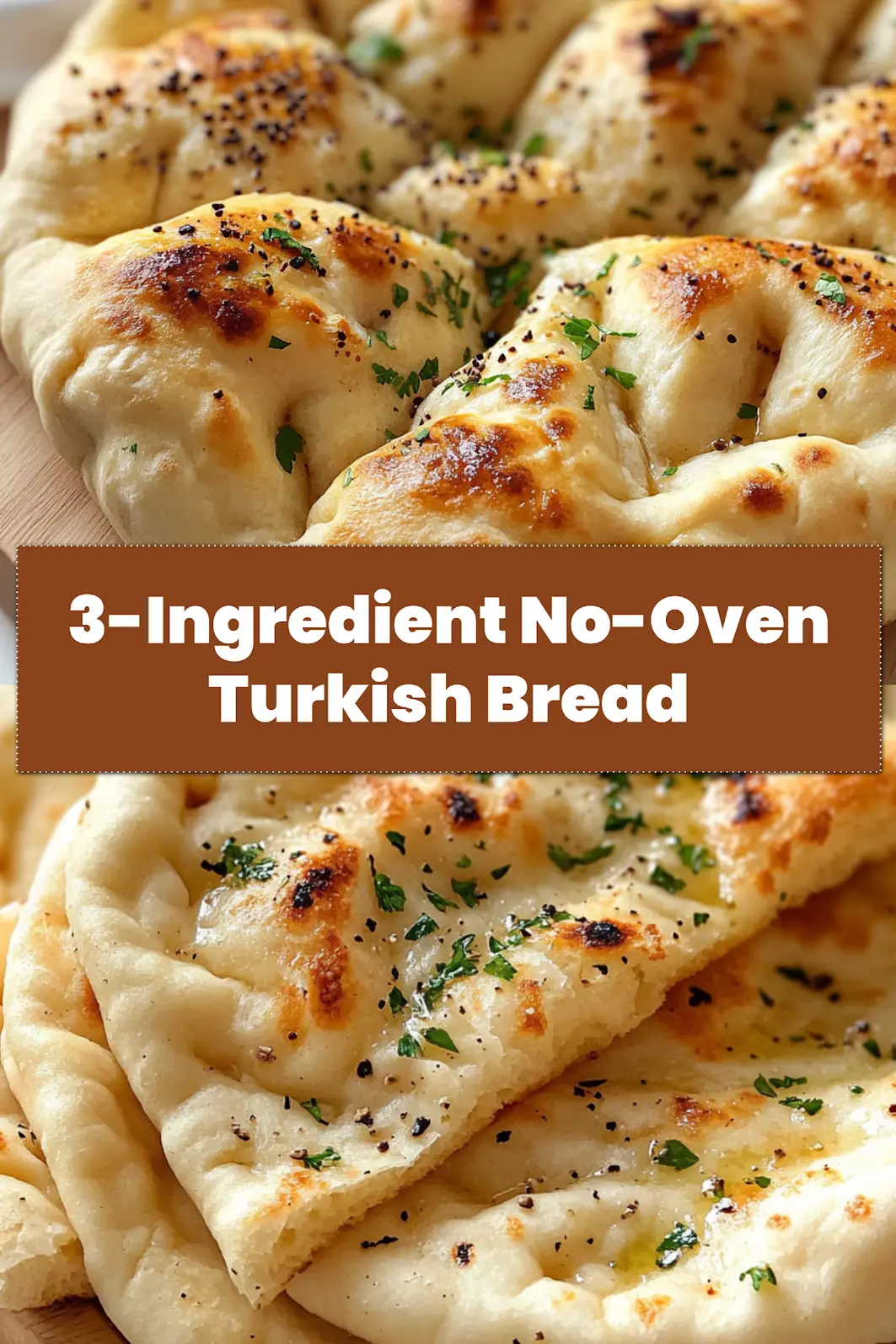 Close-up shot of a stack of fluffy No-Oven Turkish Bread (Bazlama) with 3 ingredients, garnished with fresh herbs and a drizzle of olive oil, ready to serve.