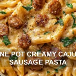 ONE POT CREAMY CAJUN SAUSAGE PASTA centered hero view, clean and uncluttered