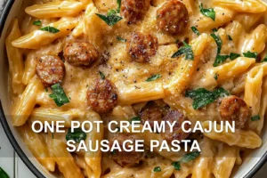 One Pot Creamy Cajun Sausage Pasta: Delicious Easy Recipe ONE POT CREAMY CAJUN SAUSAGE PASTA centered hero view, clean and uncluttered