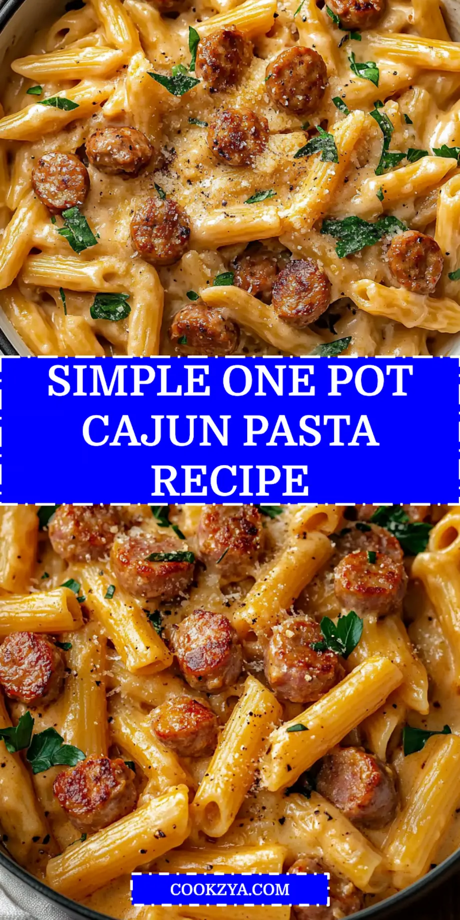 A vibrant close-up of a bowl of One Pot Creamy Cajun Sausage Pasta, garnished with fresh herbs, ready to be served.