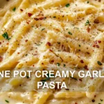 ONE POT CREAMY GARLIC PASTA centered hero view, clean and uncluttered