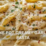 ONE POT CREAMY GARLIC PASTA centered hero view, clean and uncluttered