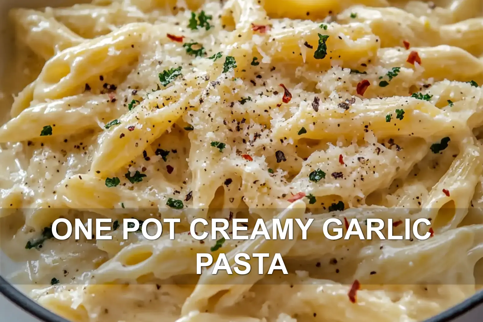 ONE POT CREAMY GARLIC PASTA centered hero view, clean and uncluttered
