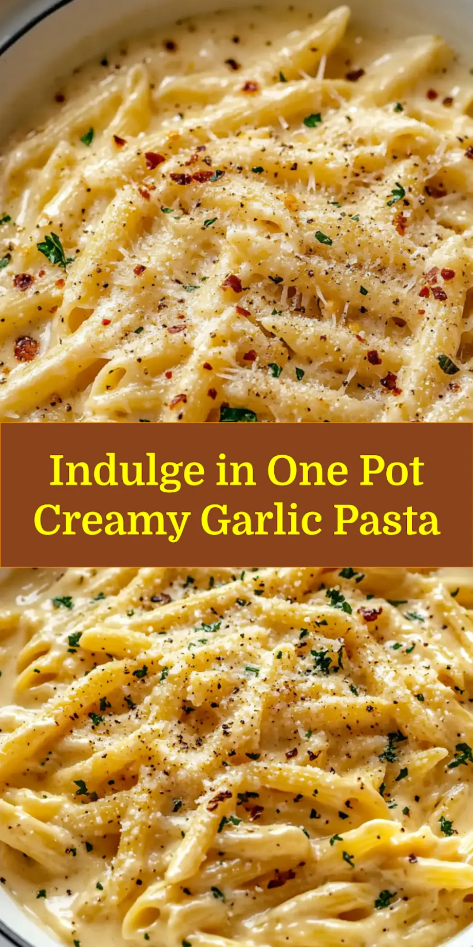ONE POT CREAMY GARLIC PASTA centered hero view, clean and uncluttered_pin