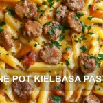 ONE POT KIELBASA PASTA centered hero view, clean and uncluttered