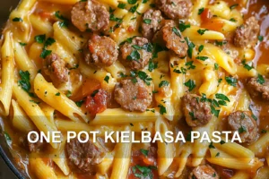 Easy One Pot Kielbasa Pasta: Irresistible Cheesy Delight ONE POT KIELBASA PASTA centered hero view, clean and uncluttered