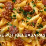 ONE POT KIELBASA PASTA centered hero view, clean and uncluttered