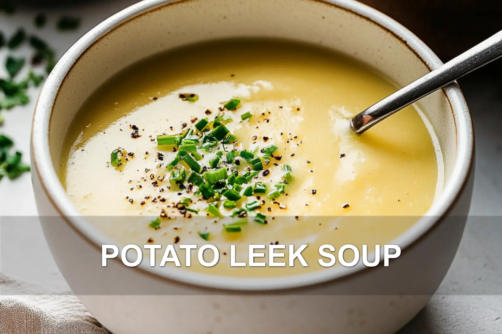 POTATO LEEK SOUP centered hero view, clean and uncluttered