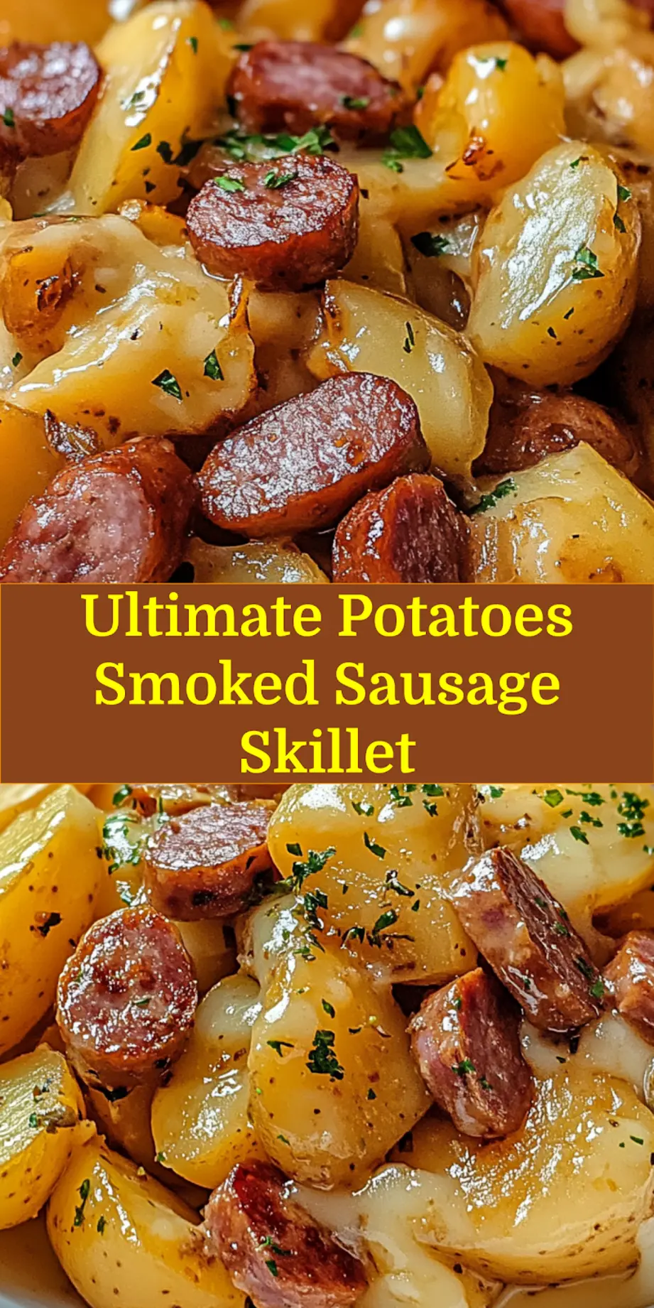 How to Make Potatoes Smoked Sausage Skillet 7 Overhead shot of a full baking sheet of crispy potatoes and smoked sausage with melted cheese and fresh herbs, ready to serve as a family meal