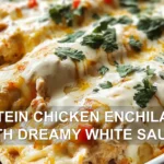 PROTEIN CHICKEN ENCHILADAS WITH DREAMY WHITE SAUCE centered hero view, clean and uncluttered
