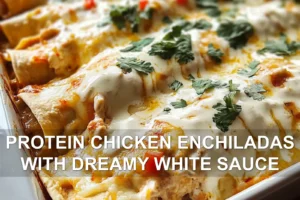 PROTEIN CHICKEN ENCHILADAS WITH DREAMY WHITE SAUCE centered hero view, clean and uncluttered