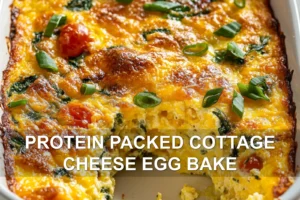 PROTEIN PACKED COTTAGE CHEESE EGG BAKE centered hero view, clean and uncluttered