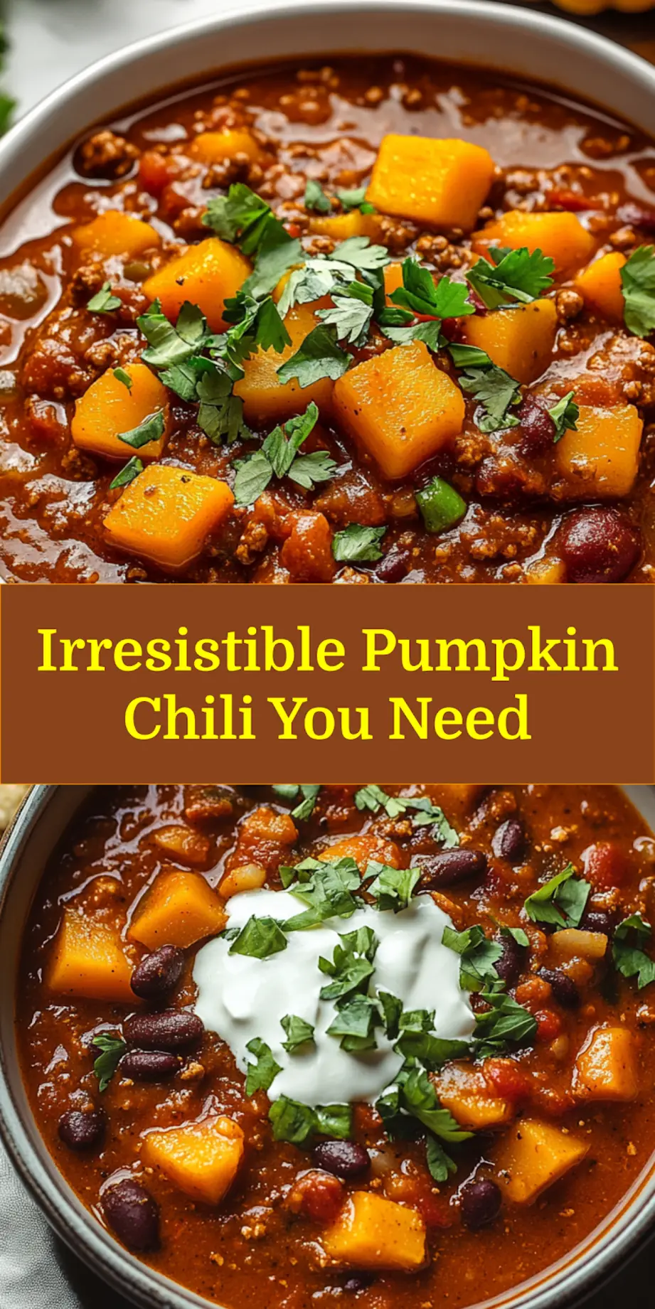 Pumpkin Chili Recipe for a Delicious Cozy Fall Feast 6 Close-up of a rustic bowl of hearty pumpkin chili, garnished with a dollop of sour cream, fresh cilantro, and shredded cheddar cheese.