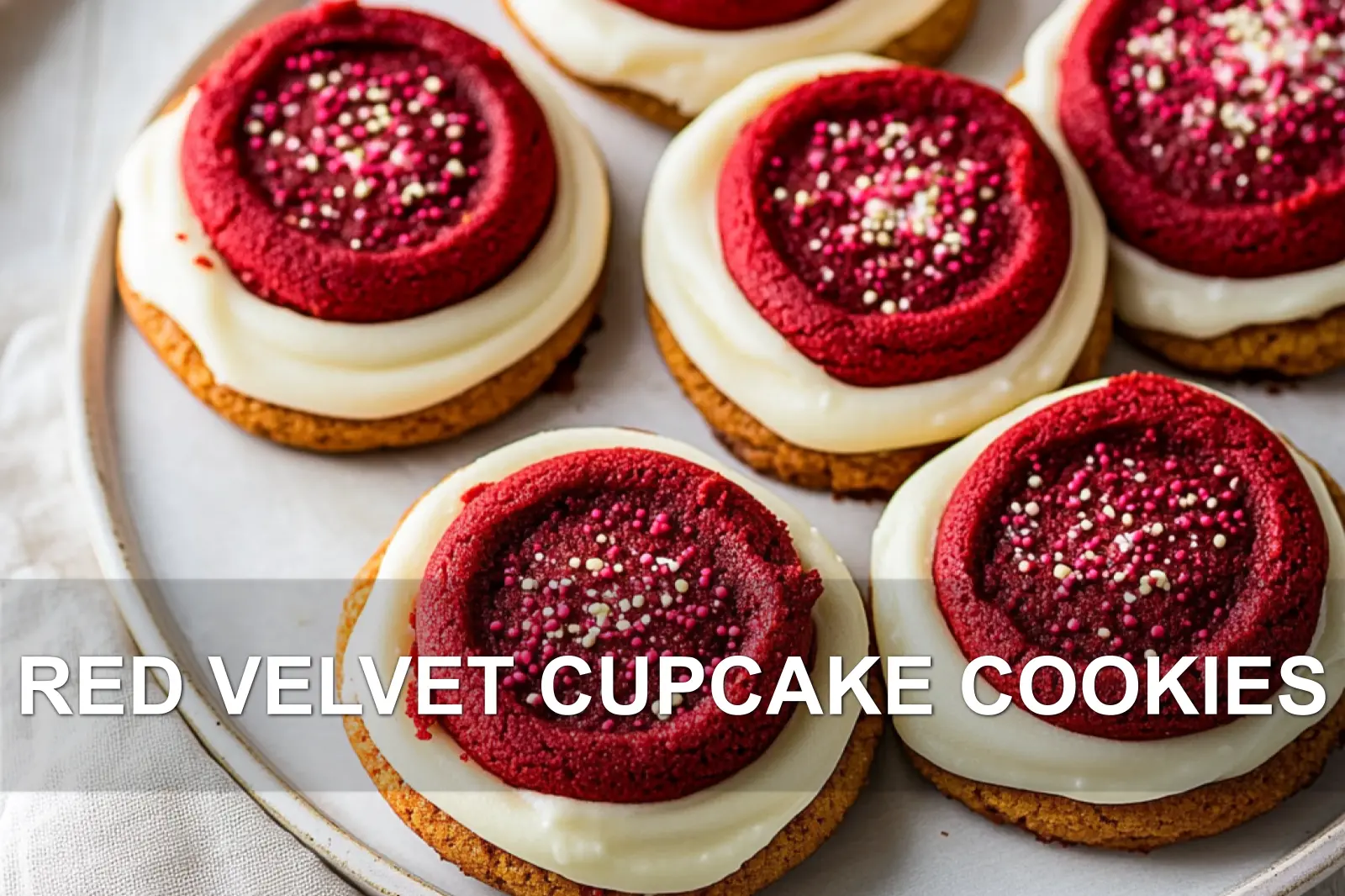Red velvet cupcake cookies with cream cheese frosting swirled on top.
