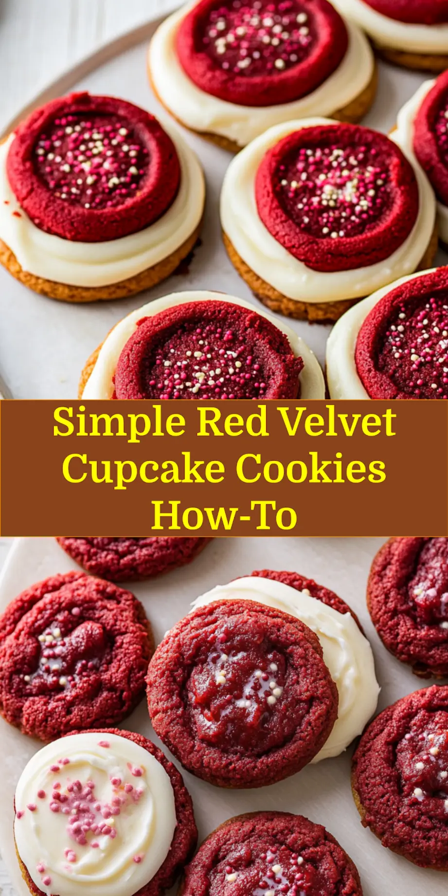Overhead shot of freshly baked Red Velvet Cupcake Cookies with cream cheese frosting, ready for sharing.