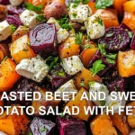 ROASTED BEET AND SWEET POTATO SALAD WITH FETA centered hero view, clean and uncluttered