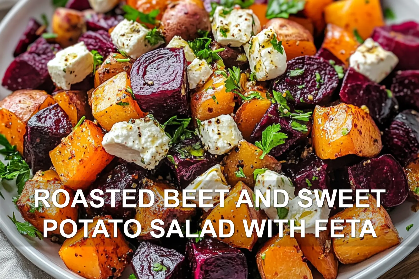 ROASTED BEET AND SWEET POTATO SALAD WITH FETA centered hero view, clean and uncluttered