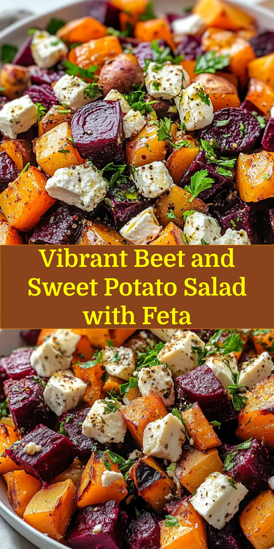Appetizing close-up of Roasted Beet and Sweet Potato Salad with Feta, garnished with herbs and feta crumbles.