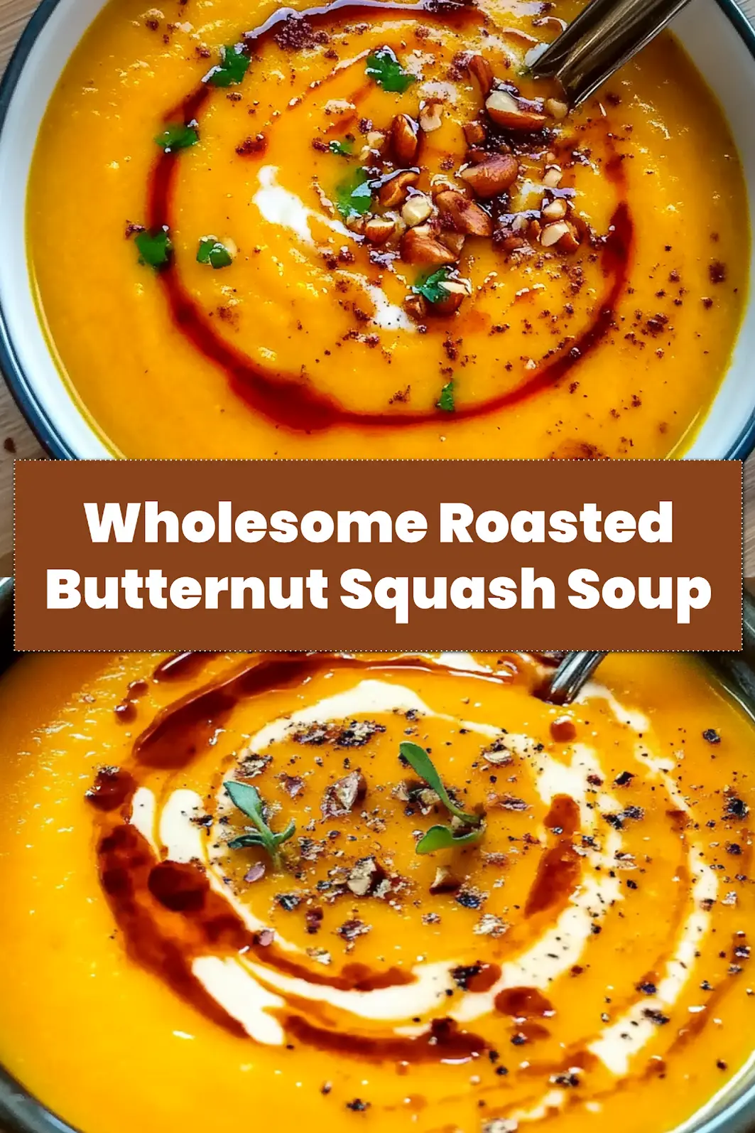 Creamy Roasted Butternut Squash Soup in a bowl, topped with fresh herbs and a drizzle of coconut milk, ready for serving or sharing.