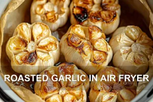 ROASTED GARLIC IN AIR FRYER centered hero view, clean and uncluttered