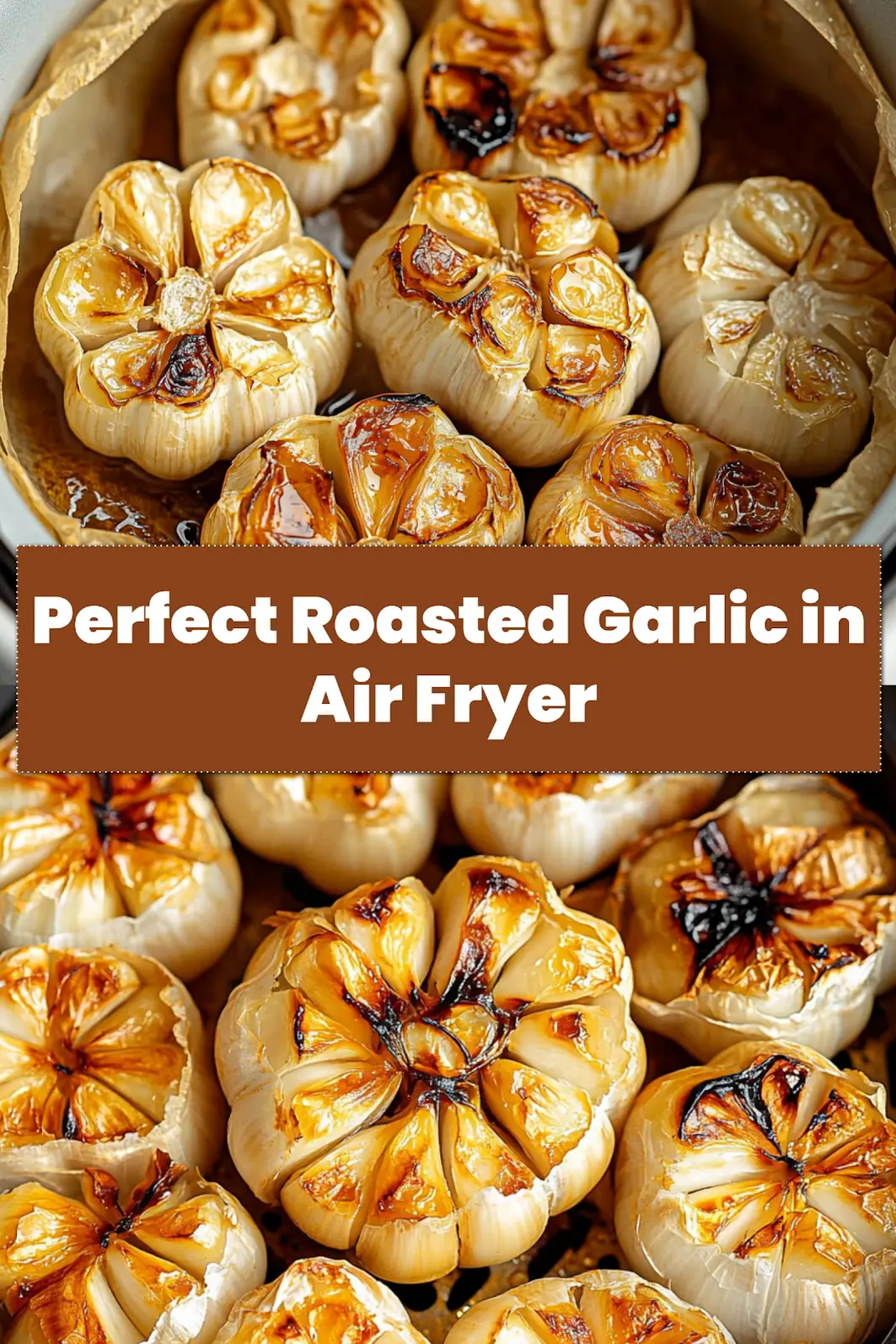 Delicious Roasted Garlic in Air Fryer Quick Tips 7 Pin-friendly image: Close-up of roasted garlic bulbs, golden and tender, in an air fryer basket, ready to serve