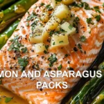SALMON AND ASPARAGUS FOIL PACKS centered hero view, clean and uncluttered
