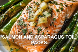 SALMON AND ASPARAGUS FOIL PACKS centered hero view, clean and uncluttered