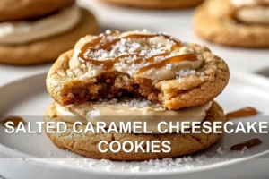 Salted Caramel Cheesecake Cookies Recipe You Need SALTED CARAMEL CHEESECAKE COOKIES centered hero view, clean and uncluttered