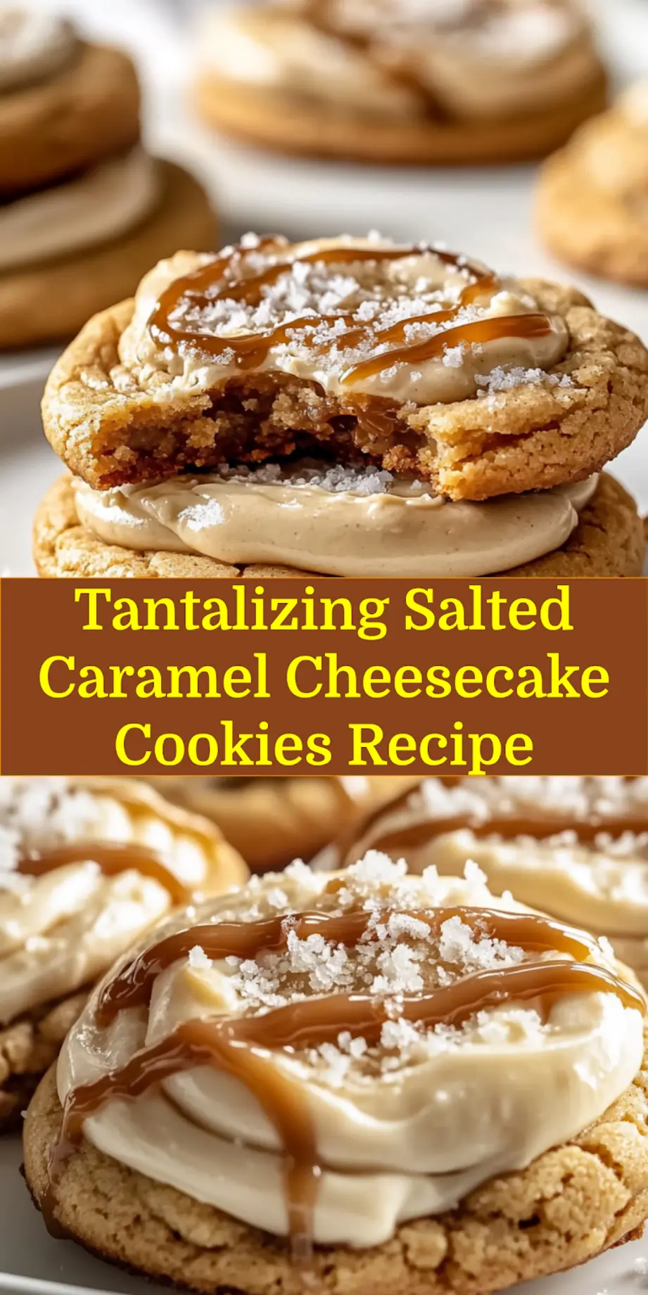 Salted Caramel Cheesecake Cookies Recipe You Need 6 A perfectly baked Salted Caramel Cheesecake Cookie, drizzled with caramel sauce and sprinkled with flaky sea salt, presented on a rustic board, ideal for a Pinterest pin.