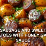 SAUSAGE AND SWEET POTATOES WITH HONEY GARLIC SAUCE centered hero view, clean and uncluttered