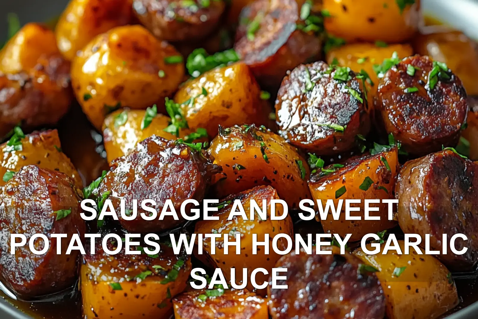 SAUSAGE AND SWEET POTATOES WITH HONEY GARLIC SAUCE centered hero view, clean and uncluttered
